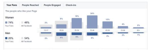 Facebook reveals the people - the demographics of your followers. It is a great glimpse to see if your target audience has been met.